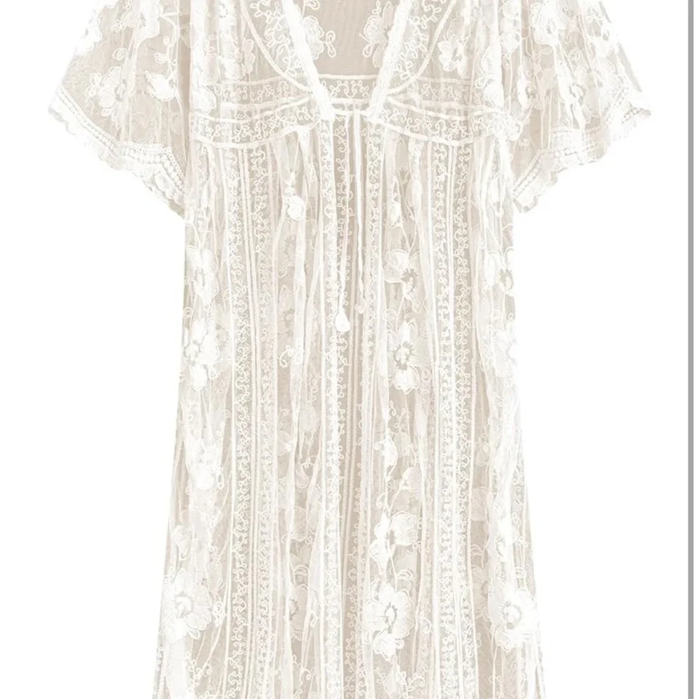 Elegant Cream Lace Swim Cover-Up boho women festival mesh cardigan